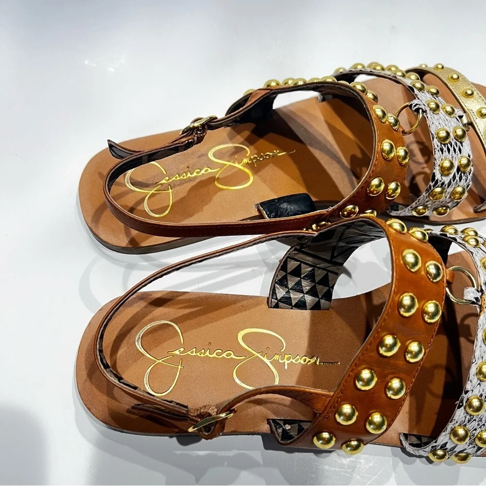 Jessica Simpson dressy flat sandals KARI studded Gold Combo New Metallic sz 10 - Picture 4 of 14